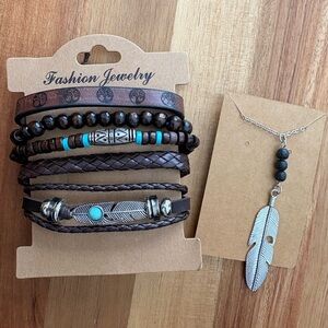 Boho Western Bracelet Stack Set + Feather Necklace Turquoise Leather Beaded